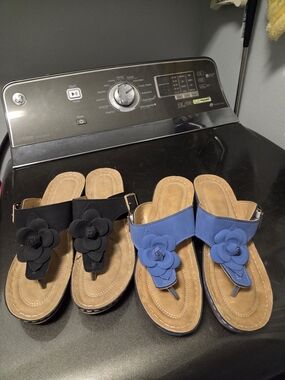 Two Pair Of Women’s Floral Thong Sandals - Black and Blue